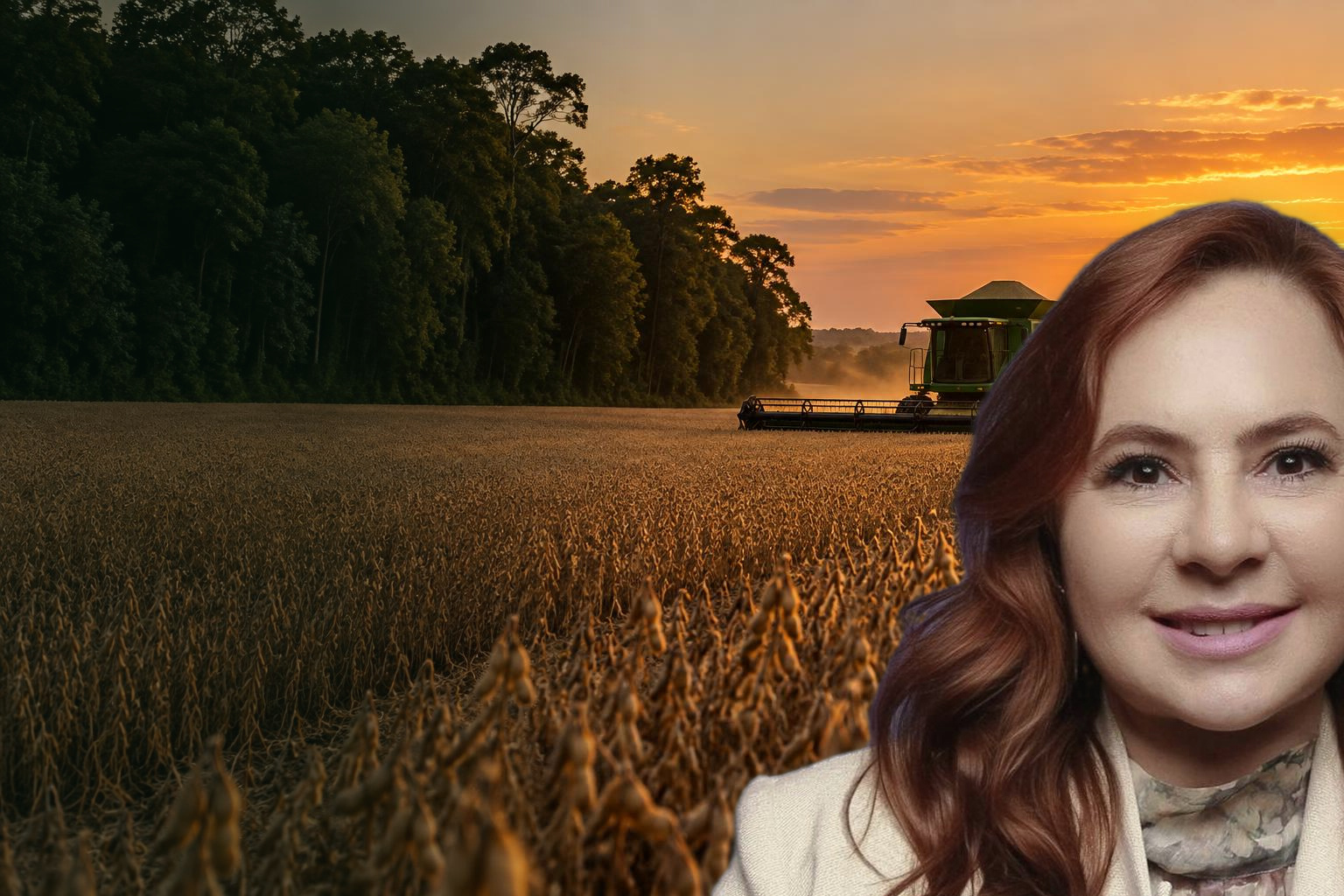 Dra. Melissa Arend em lavoura com colheitadeira ao pôr do sol