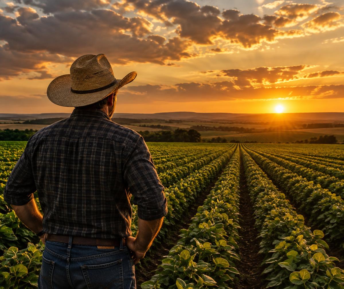 Produtor rural observando uma plantação ao pôr do sol