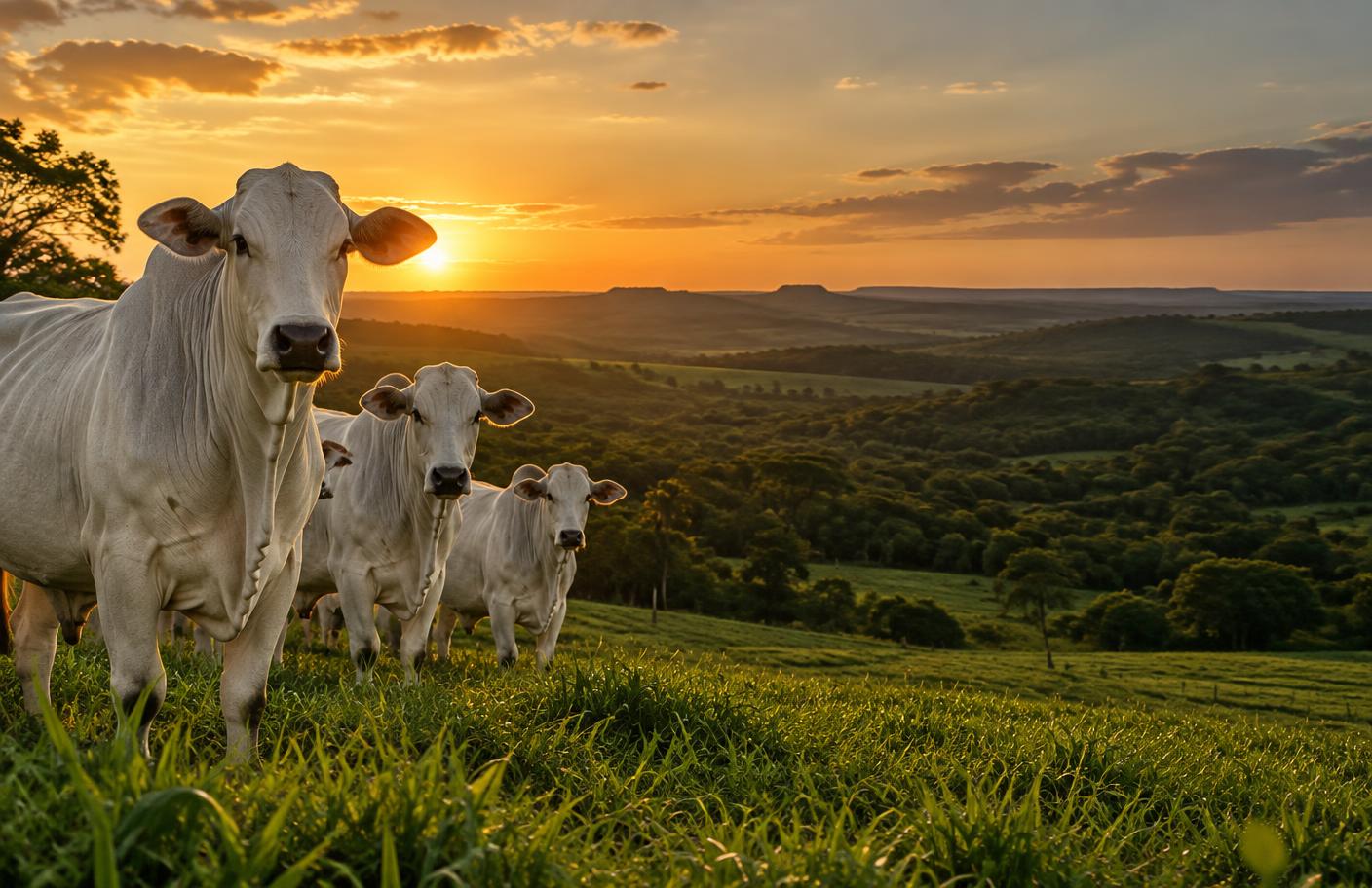 Gado Nelore em pastagem ao pôr do sol